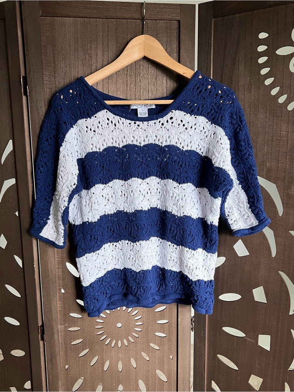 RXB Navy and White Crochet-Stripe Scoop Neck Sweater